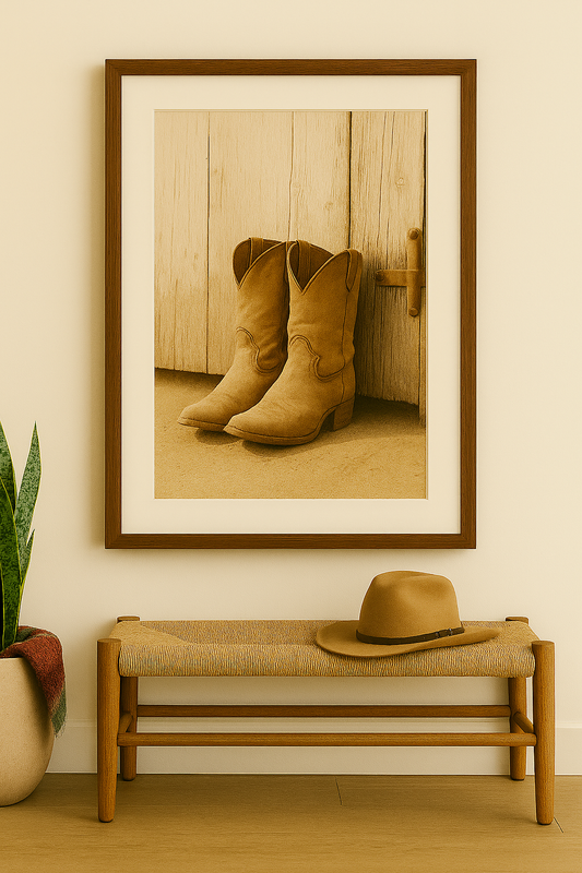 Framed photograph of cowboy boots on a wooden floor, with a hat on a bench below.