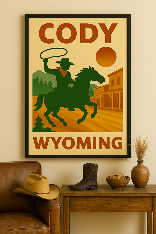 Western art print titled Cody – rustic wall decor by Frontier Prints, inspired by cowboy culture and desert landscapes.