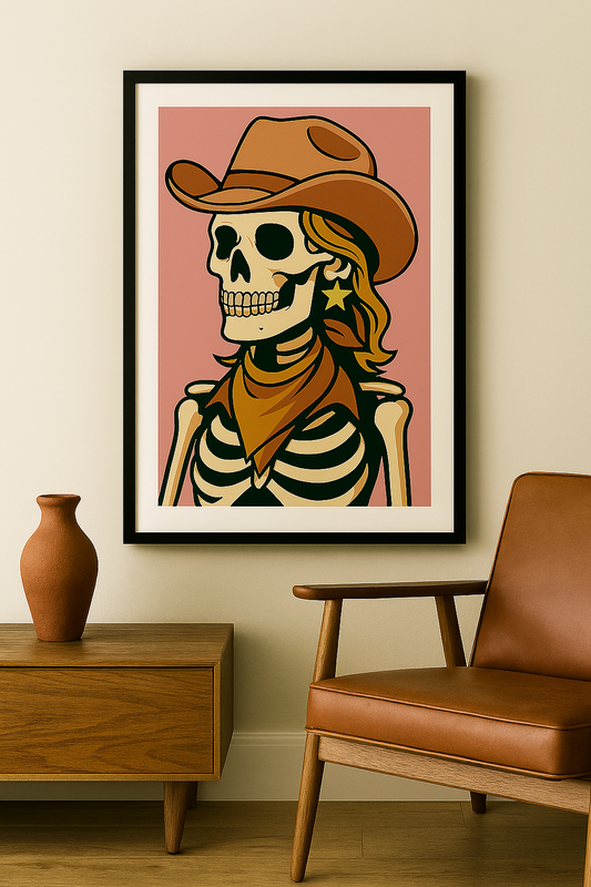 Framed artwork of a skeleton wearing a cowboy hat and bandana on a pink background, displayed in a room with a brown chair and wooden side table.