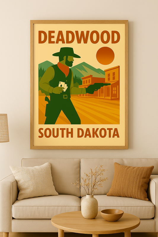 Western art print titled Deadwood – rustic wall decor by Frontier Prints, inspired by cowboy culture and desert landscapes.