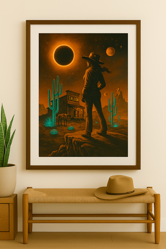 Framed artwork of a cowboy in a desert scene with cacti and a building, displayed on a wall above a wooden bench.