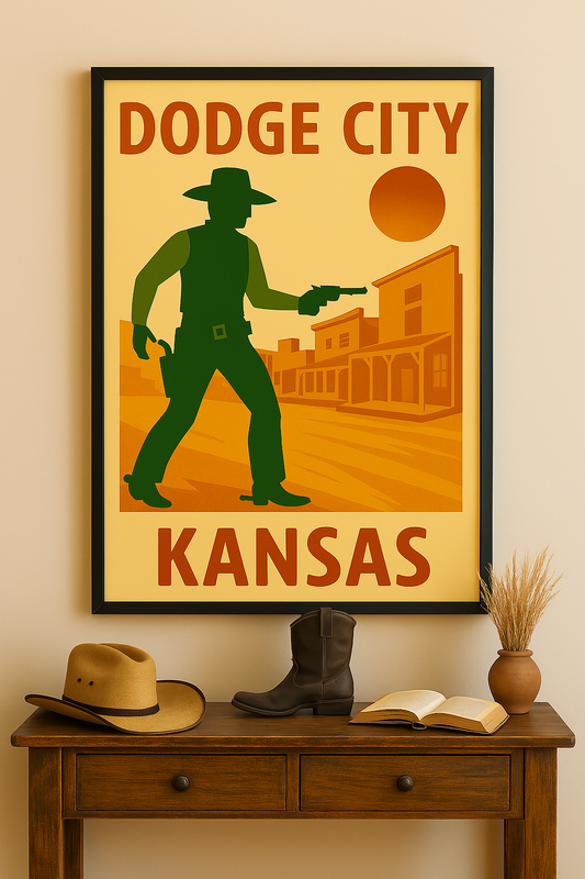 Western art print titled Dodge City – rustic wall decor by Frontier Prints, inspired by cowboy culture and desert landscapes.