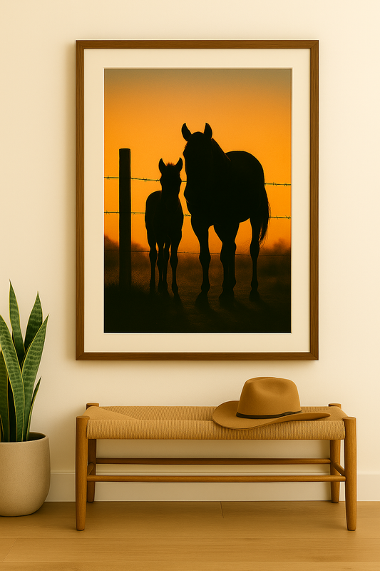 Framed artwork of two horses silhouetted against an orange sky, placed above a wooden bench with a hat on it.