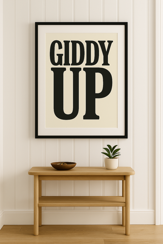 Western art print titled GIDDY UP – rustic wall decor by Frontier Prints, inspired by cowboy culture and desert landscapes.