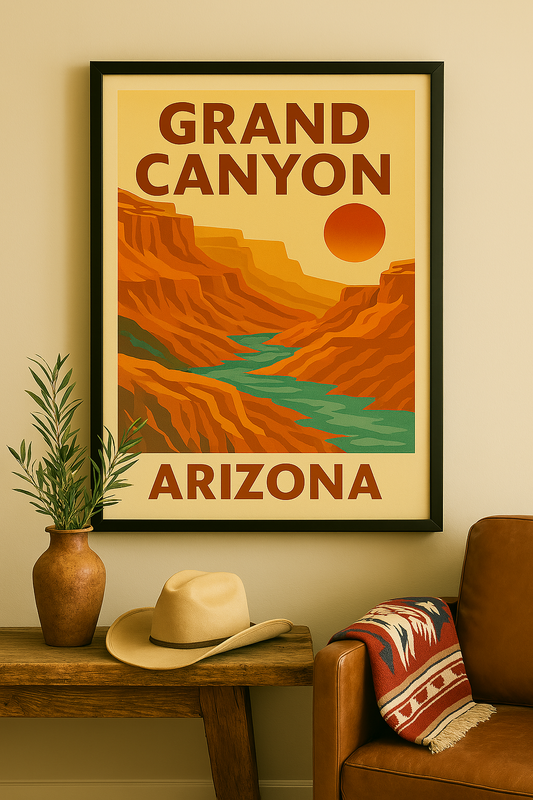 Western art print titled Grand Canyon Glow – rustic wall decor by Frontier Prints, inspired by cowboy culture and desert landscapes.