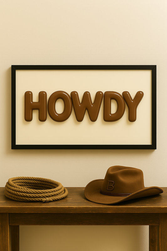 Western art print titled HOWDY Dust – rustic wall decor by Frontier Prints, inspired by cowboy culture and desert landscapes.