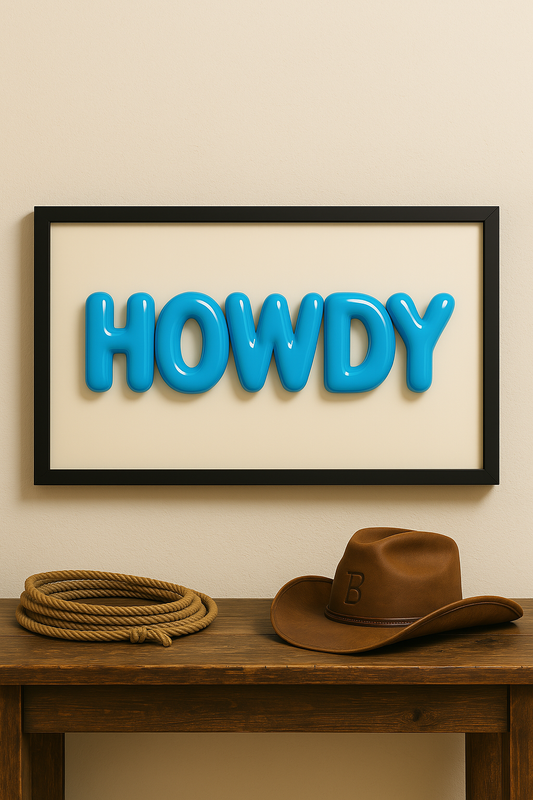 Western art print titled HOWDY Skies – rustic wall decor by Frontier Prints, inspired by cowboy culture and desert landscapes.