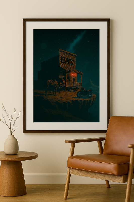 Framed artwork of a saloon sign on a wall with a brown leather chair and wooden table.