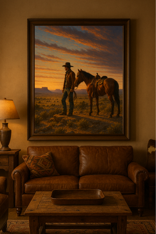 A framed print titled 'Long Way Home' depicting a cowboy standing next to his horse on a plain, with a sunset in the background, placed on a wall above a leather sofa and a wooden table.