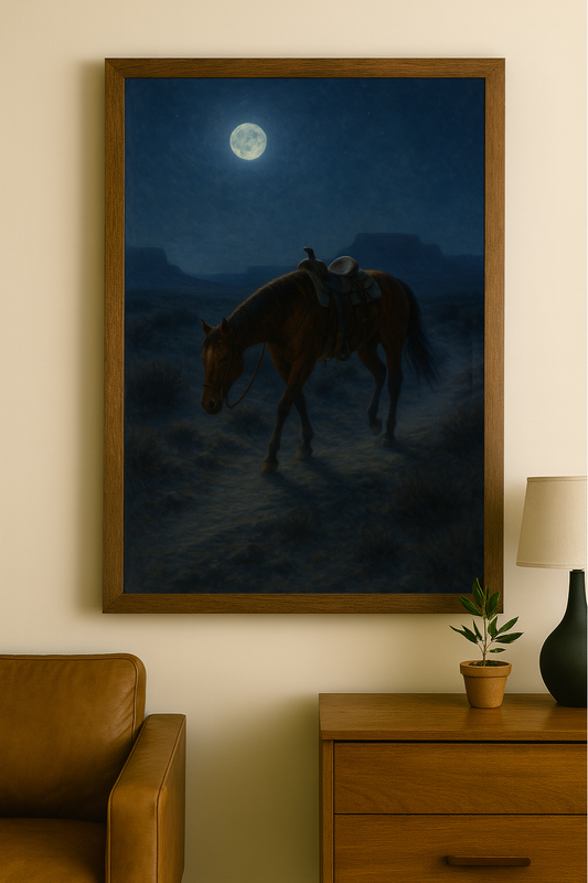 Framed artwork of a horse under a moonlit sky in a room with a couch and lamp.