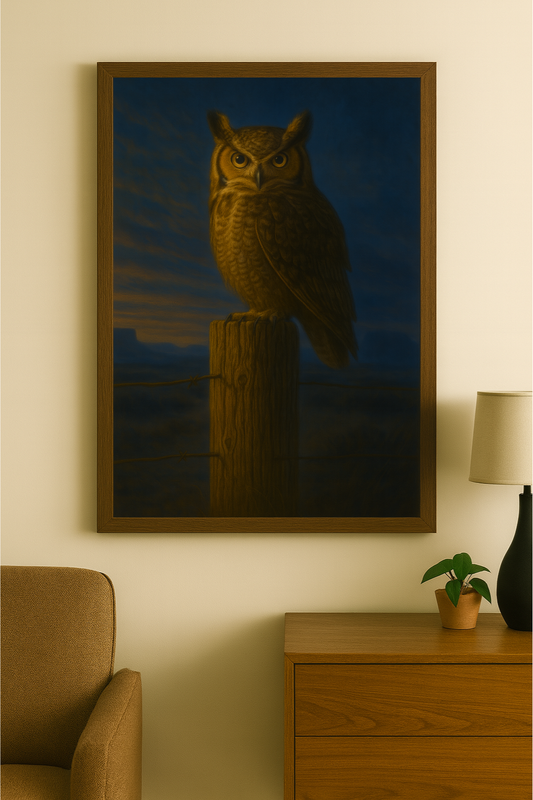 Framed artwork of an owl on a wooden post in a room with a lamp and plant.