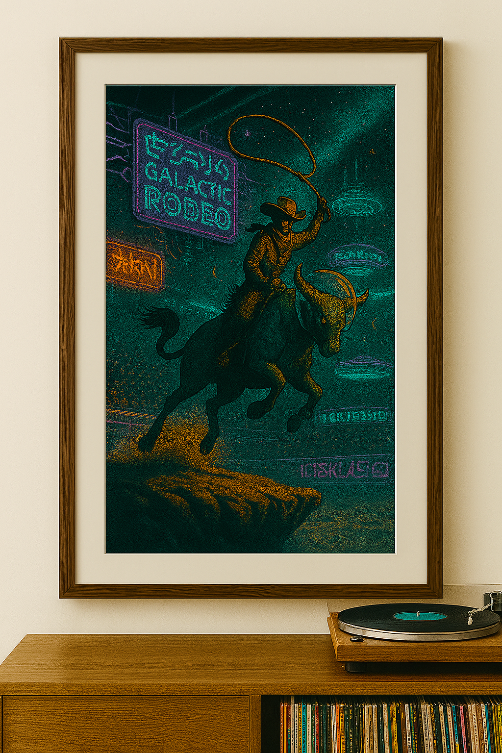 Framed artwork of a cowboy on a horse with a neon sign in a dark setting, displayed on a wall above a wooden shelf.