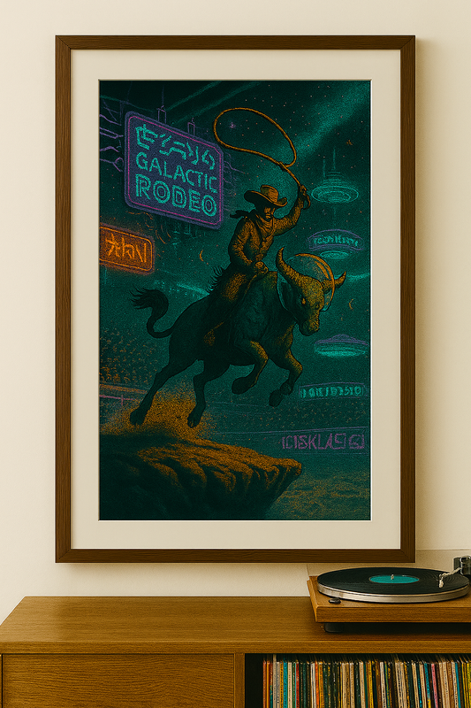 Framed artwork of a cowboy on a horse with a neon sign in a dark setting, displayed on a wall above a wooden shelf.