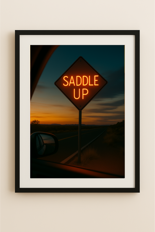 Western art print titled SADDLE UP – rustic wall decor by Frontier Prints, inspired by cowboy culture and desert landscapes.