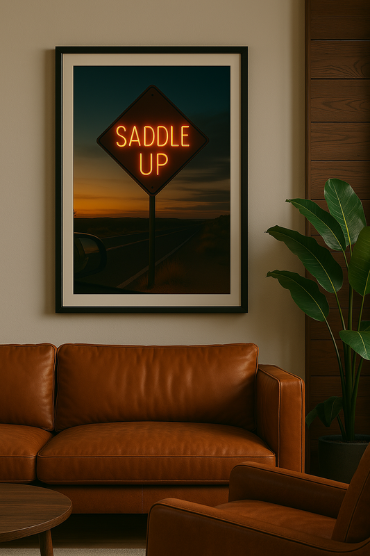 Western art print titled SADDLE UP – rustic wall decor by Frontier Prints, inspired by cowboy culture and desert landscapes.