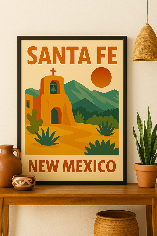 Western art print titled Santa Fe – rustic wall decor by Frontier Prints, inspired by cowboy culture and desert landscapes.