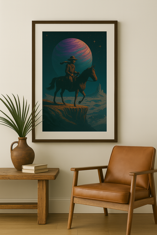 Framed artwork of a person on horseback with a purple planet in a room with a brown leather chair and wooden table.