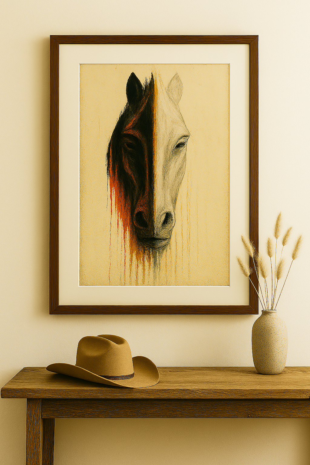 Framed artwork of a horse's head on a wall above a wooden table with a hat and vase.