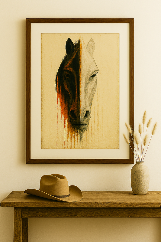 Framed artwork of a horse's head on a wall above a wooden table with a hat and vase.