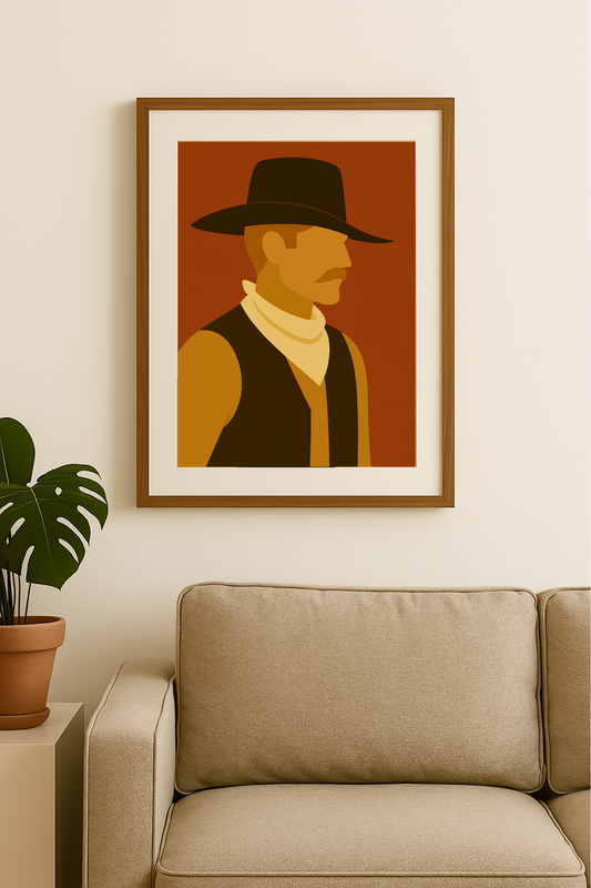 Western art print titled The Rider – rustic wall decor by Frontier Prints, inspired by cowboy culture and desert landscapes.