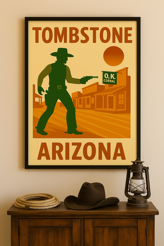 Western art print titled Tombstone - O.K. Corral – rustic wall decor by Frontier Prints, inspired by cowboy culture and desert landscapes.