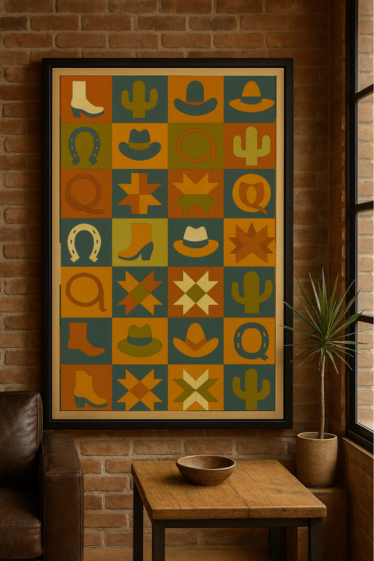 Western art print titled Western Quilt – rustic wall decor by Frontier Prints, inspired by cowboy culture and desert landscapes.